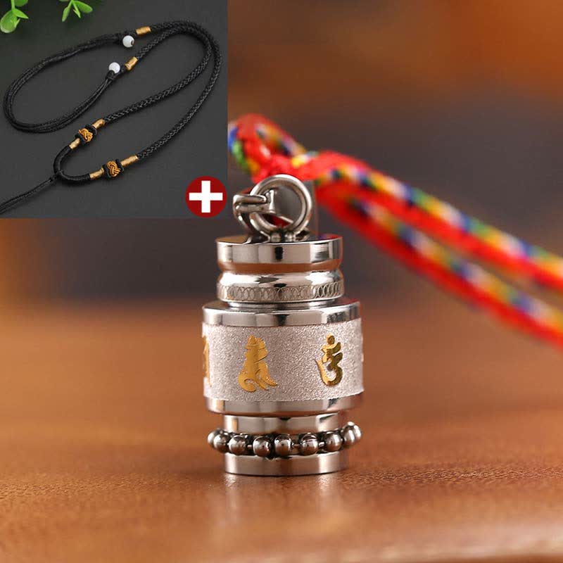 Om Mani Padme Hum Amulet – Black braided cord option, green leaf accent, Buddhist jewelry