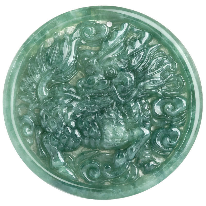 Jade Kirin Pendant – Forest green qilin relief carving on white background, natural jade prosperity necklace