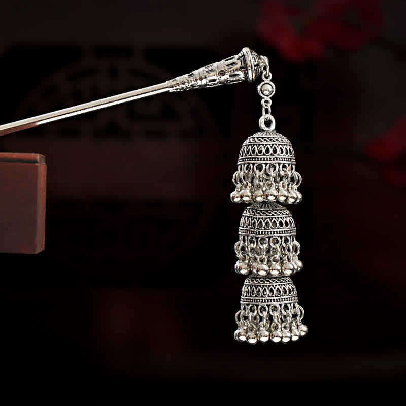 Bells variant triple stacked silver bell tassel hairpin