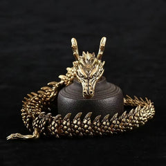 Brass Copper Dragon Statue – three-quarter view on black backdrop showing antique gold patina, Collectible