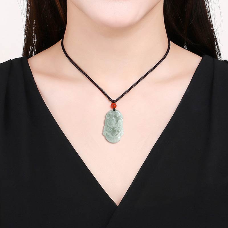 Natural Jade Chinese Zodiac Pendant – Rat necklace worn by female model, wear