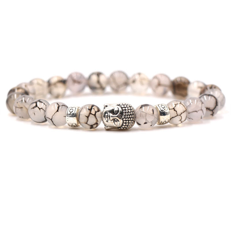 Purple Agate Tiger Eye Buddha Bracelet – dragon vein agate beads, silver Buddha head front view – front, balance
