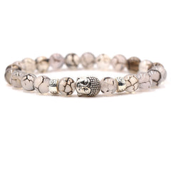 Purple Agate Tiger Eye Buddha Bracelet – dragon vein agate beads, silver Buddha head front view – front, balance