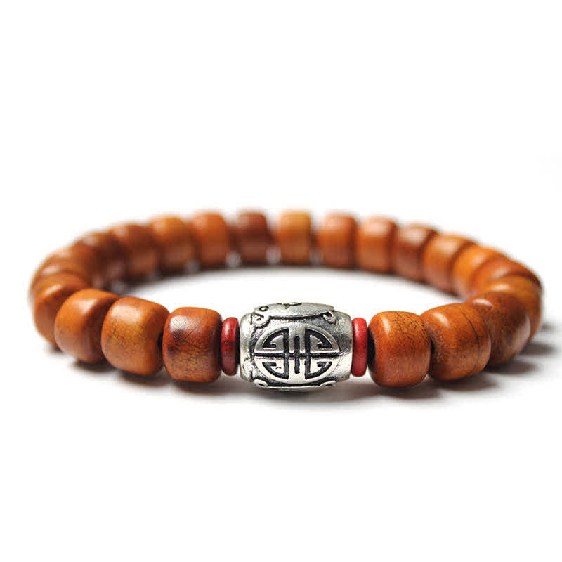 Tibetan Bone Beads Om Mani Padme Hum Bracelet – wood beads with silver dorje focal bead and red accents, vajra bead bracelet