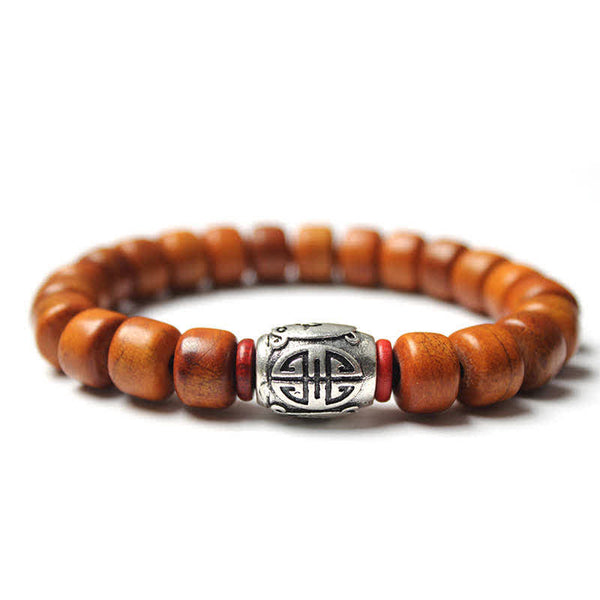 Tibetan Bone Beads Om Mani Padme Hum Bracelet – wood beads with silver dorje focal bead and red accents, vajra bead bracelet