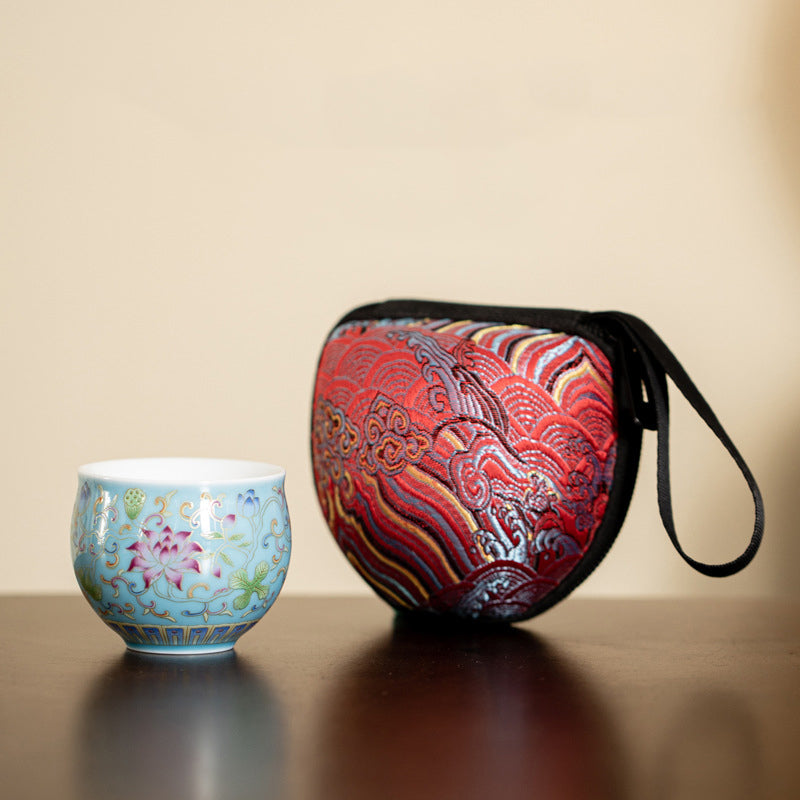 Lotus Pod Ceramic Tea Cup – sky blue enamel cup with red brocade travel case