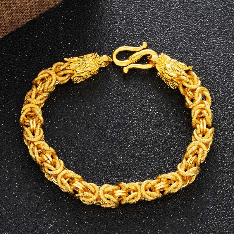 Dragon Protection Bracelet - Byzantine chain with dragon head clasp on black display, Strength