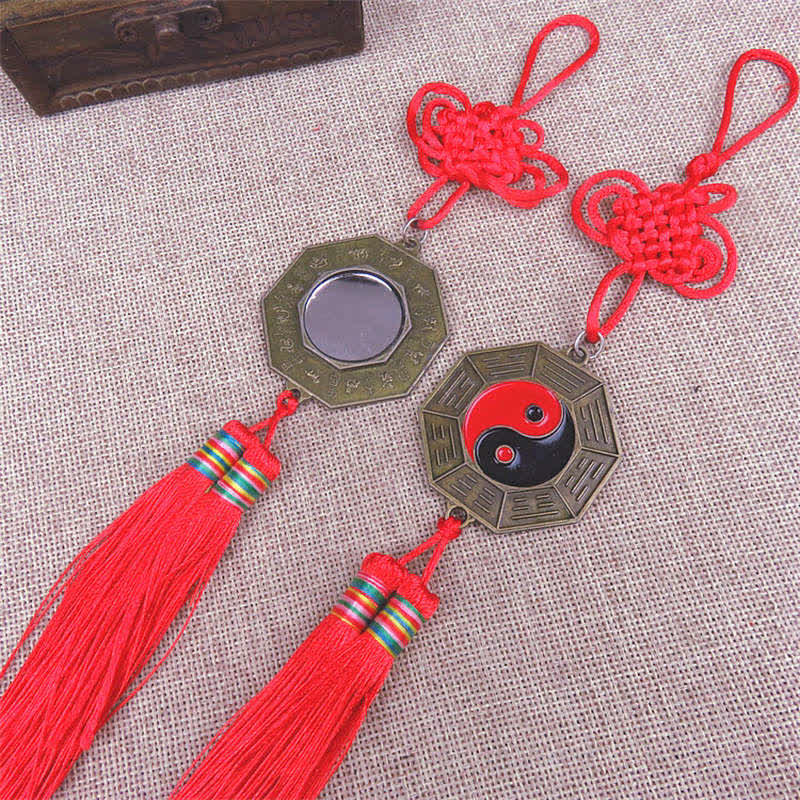 Feng Shui Bagua Map Mirror - Pair of bagua mirror amulets with red decorative knots, yin-yang and convex mirror, bronze octa.