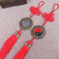 Feng Shui Bagua Map Mirror - Pair of bagua mirror amulets with red decorative knots, yin-yang and convex mirror, bronze octa.