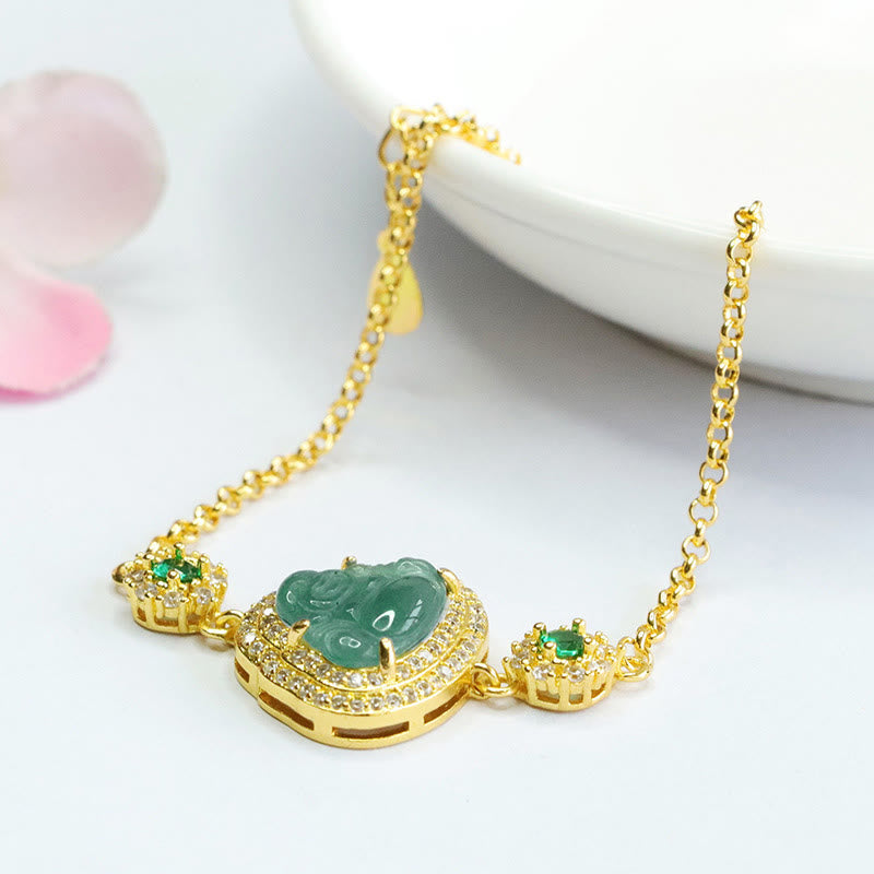 Green Jade Buddha Bracelet – clasp and chain detail showing gold plating and lobster hook, secure