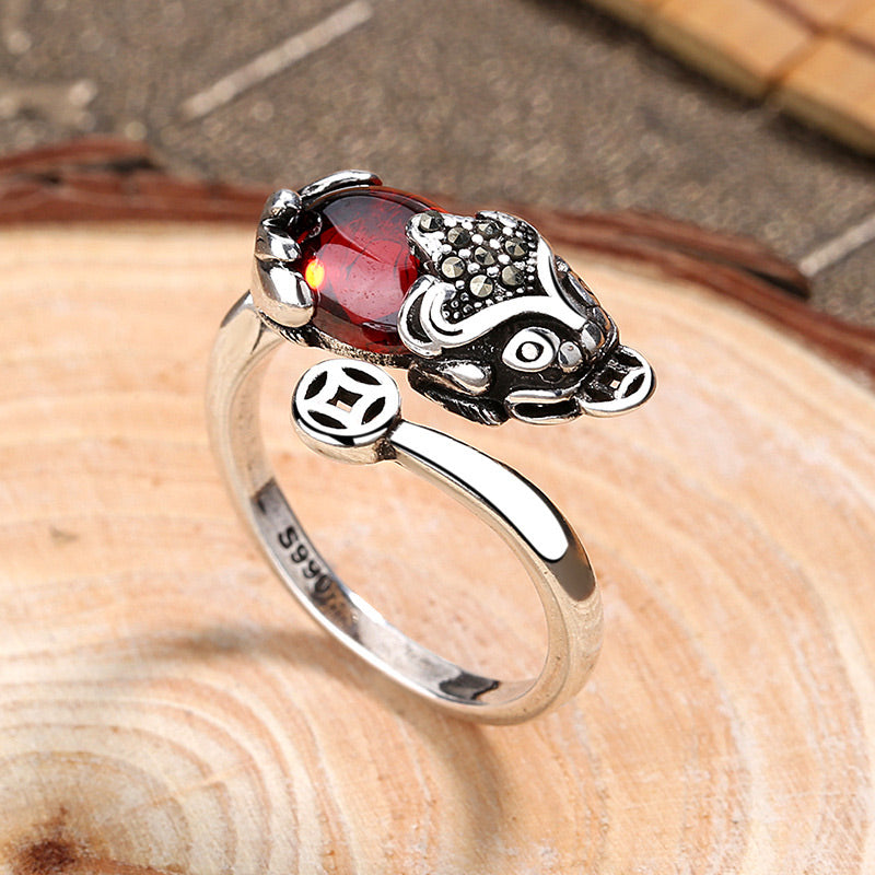 Feng Shui Garnet Pixiu Ring – side view showing s925 stamp inside band, red garnet stone pixiu adjustable ring