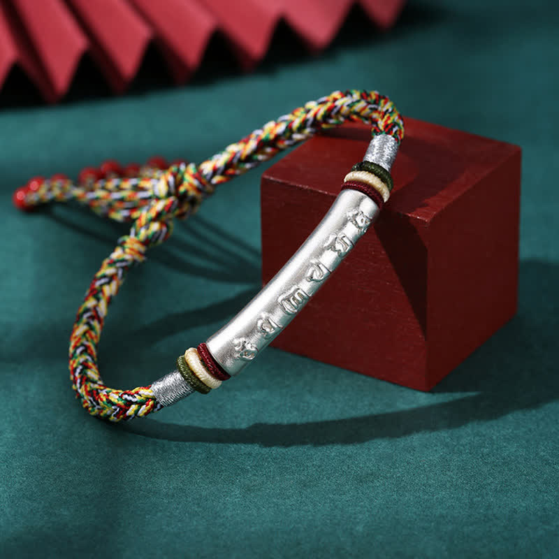 Om Mani Padme Hum Red String Bracelet – Multi-color cord with silver mantra bead on wood cube