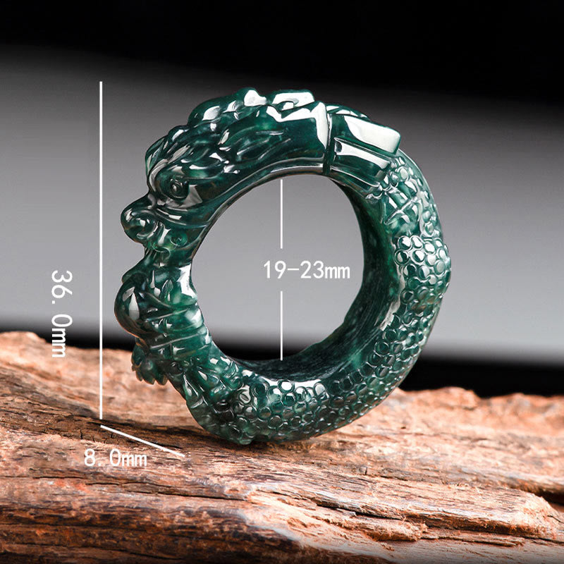 Cyan Jade Dragon Ring with measurements, 36mm height, 19-23mm inner diameter, sizing guide