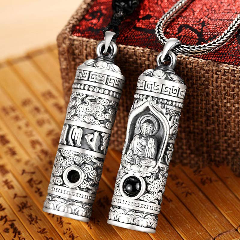 Chinese Zodiac Natal Buddha Projection Necklace – Front and reverse view on fabric box, mantra engraving, dual-function