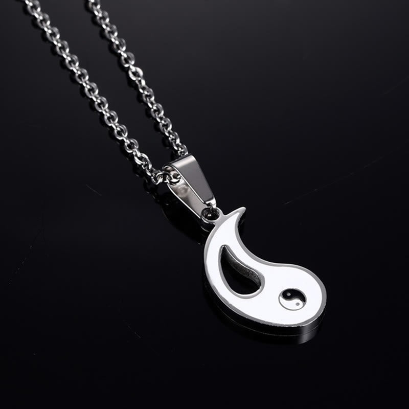 Yin Yang Pendant Couple Necklace Set - Silver metallic pendant with yin-yang symbol on black background, stainless steel n...