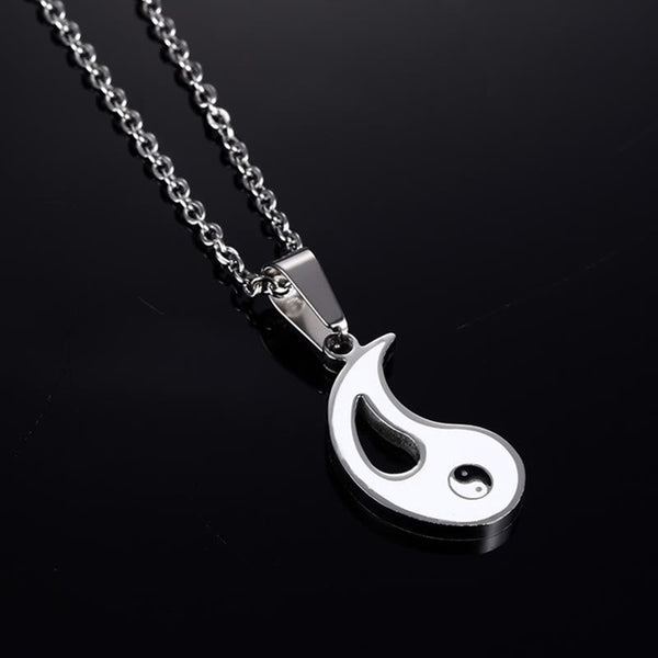 Yin Yang Pendant Couple Necklace Set - Silver metallic pendant with yin-yang symbol on black background, stainless steel n...