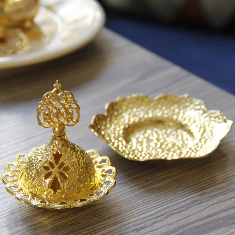 Gold Leaf Coaster Incense Burner separated lid and scalloped base on wood surface, alloy incense holder