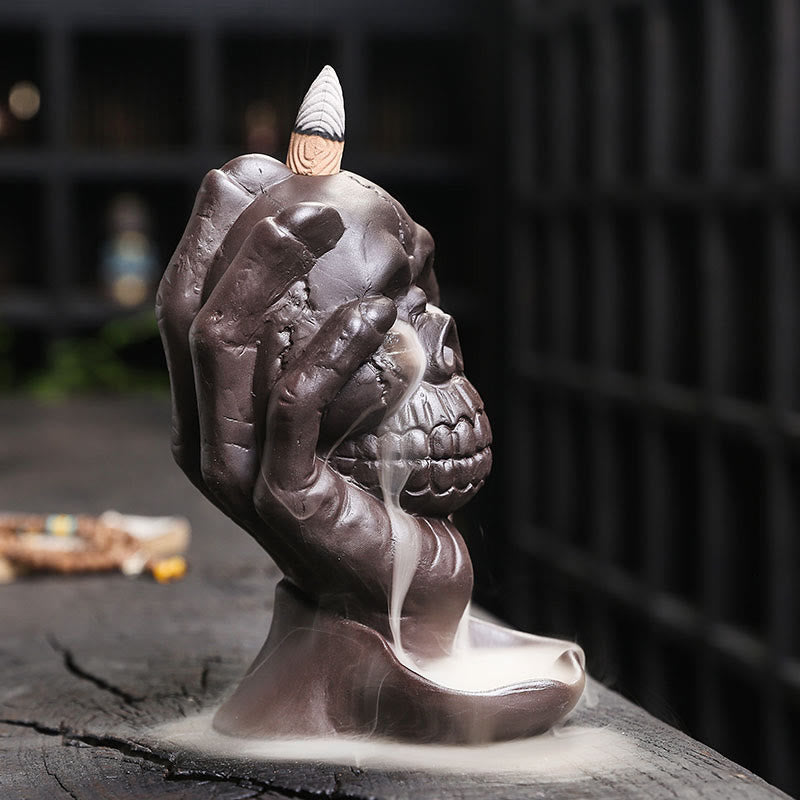 Skull Ghost Hand Purple Clay Burner – hand wrapping skull with ethereal smoke, spiritual decor