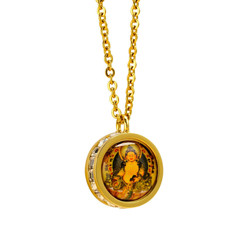 Green Tara Necklace – worn on model, titanium steel jewelry