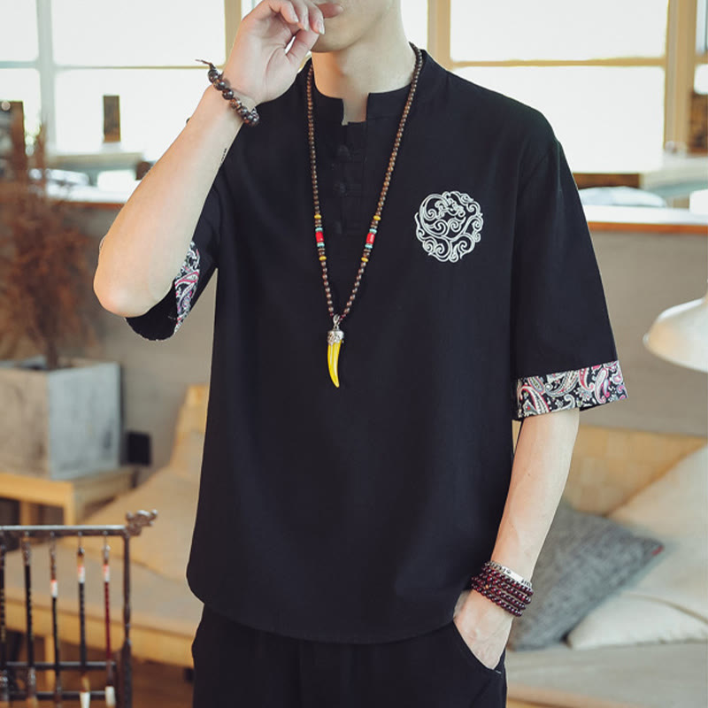 Dragon Embroidery Frog-Button Linen Tang Suit Shirt - Black Tang suit with ornate cuff trim, striking