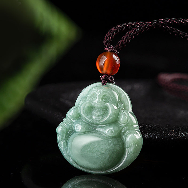 Laughing Buddha Cyan Jade Necklace Success – Polished aqua green Buddha figure on delicate silver chain, achievement charm