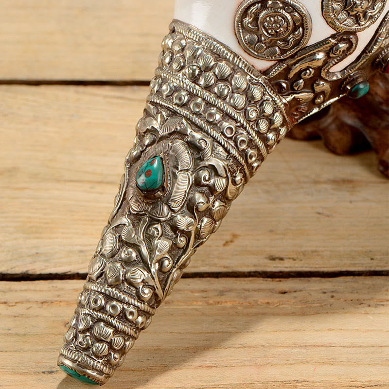 Tibetan Shankha Conch Shell Decoration – Conch with carved dragon panel, silver mount, turquoise coral, Mythical