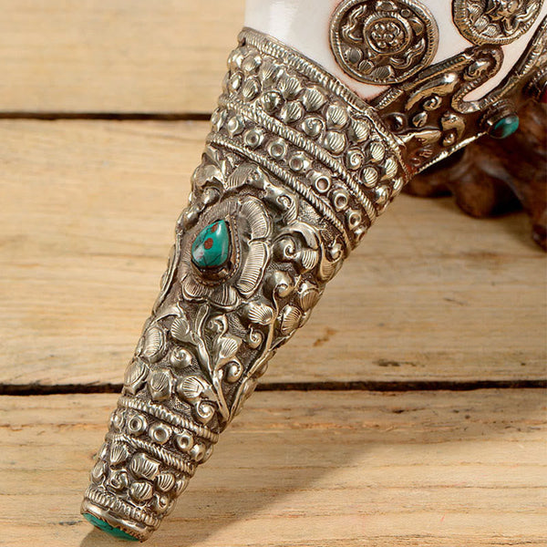 Tibetan Shankha Conch Shell Decoration – Conch with carved dragon panel, silver mount, turquoise coral, Mythical