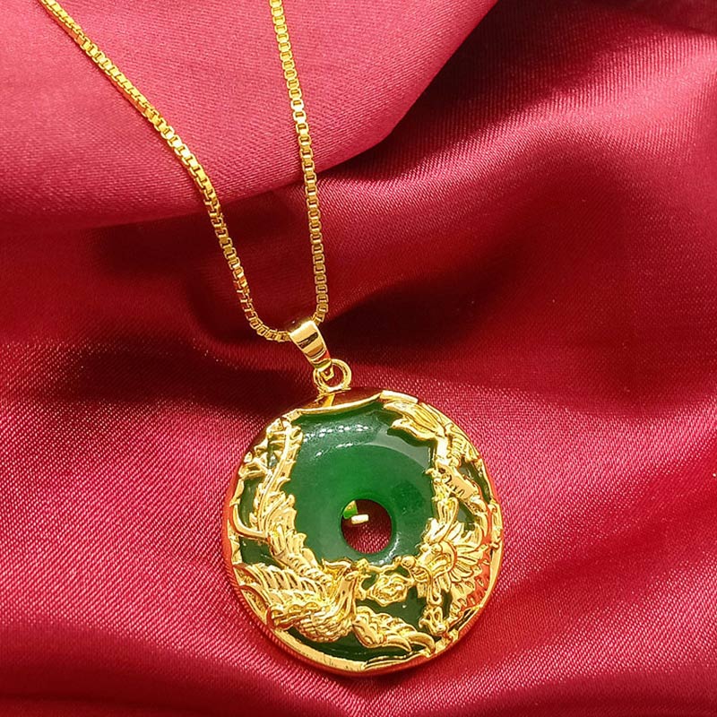 Cyan Jade Dragon Phoenix Necklace – Gold phoenix jade pendant on crimson silk, Luck