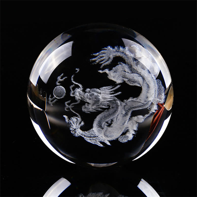 Crystal Dragon Lotus Blessing - Clear crystal sphere with internal 3D engraved dragon on black background, Clarity