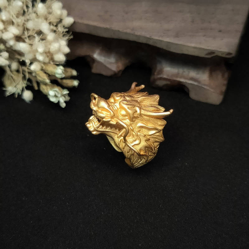 Golden Dragon Luck Protection Ring – angled dragon head with open mouth and flowing whiskers on black velvet
