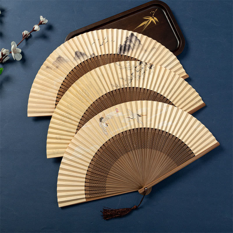 Lotus Dragonfly Wild Geese Silk Bamboo Folding Fan - three fans layered showing geese crane and blossom motifs
