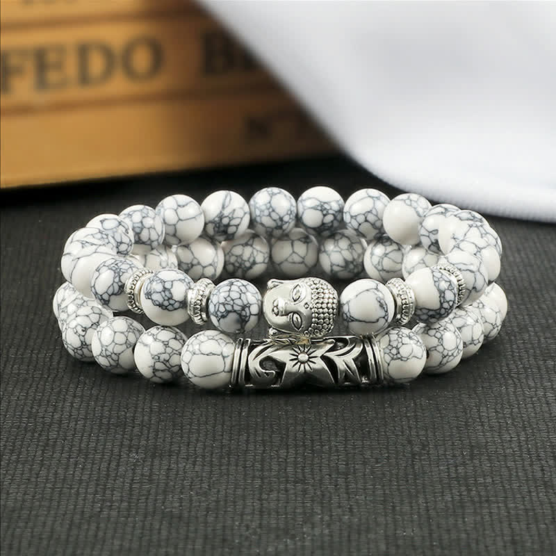 Tiger Eye Bracelet – White crackle turquoise beads with silver Buddha on dark fabric, bohemian jewelry