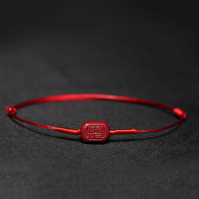 Cinnabar PiXiu Lotus Koi Fish Blessing Braid Bracelet – square fu character cinnabar charm on red cord, blessing good fortune Chinese talisman