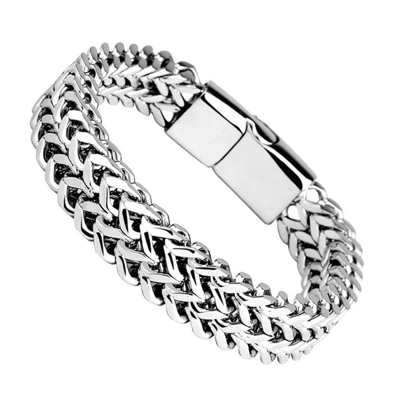 Fish Scale Titanium Steel Magnetic Bracelet – silver Byzantine chain weave with box clasp, white background, angled view
