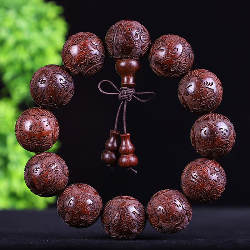 Chinese Zodiac Rosewood Ebony PiXiu Set – dark red wood buddha cloud bracelet, auspicious carved wooden bead charm