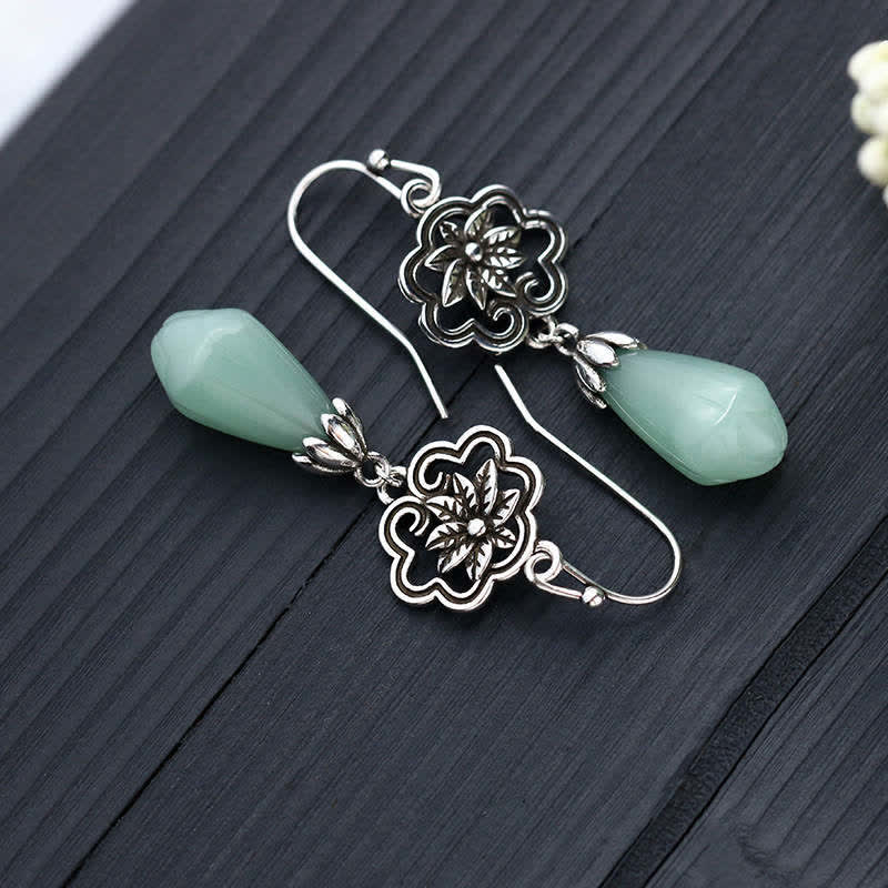 Magnolia Flower Jade Prosperity Dangle Earrings, close-up detail, earring jewelry