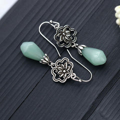 Magnolia Flower Jade Prosperity Dangle Earrings, close-up detail, earring jewelry