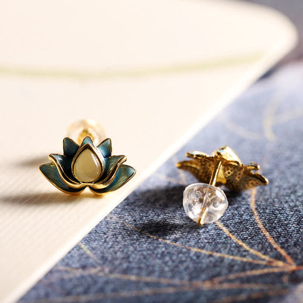 Hetian Cyan Jade Lotus Earrings - Front and back view on dual blue-gold surface, jade lotus studs