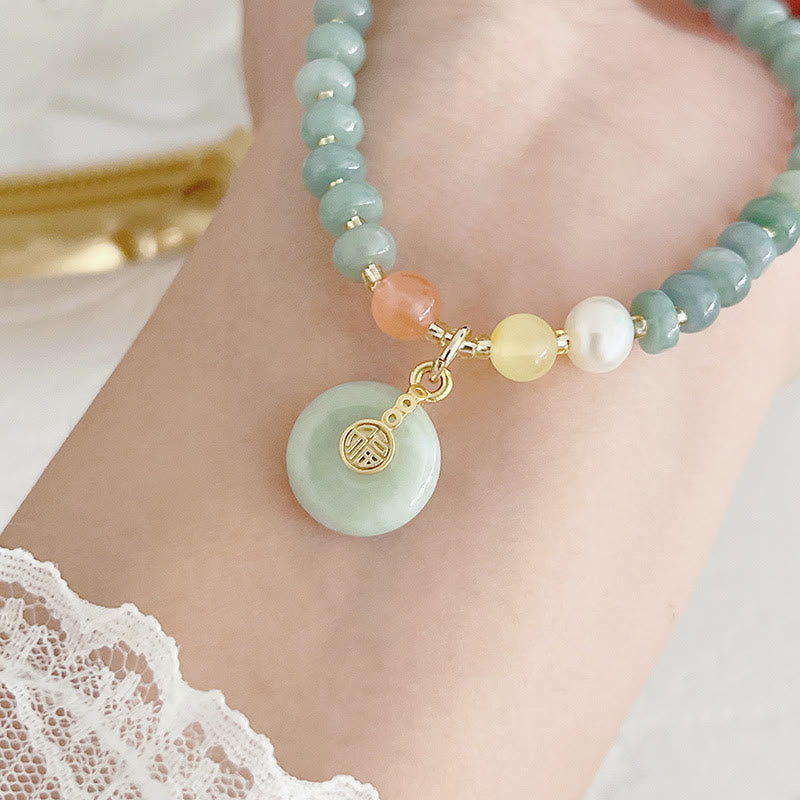 Hetian Jade Pearl Fu Gourd Money Bag Bracelet – Wrist wearing jade bracelet with Fu charm and lace cuff, elegant luck