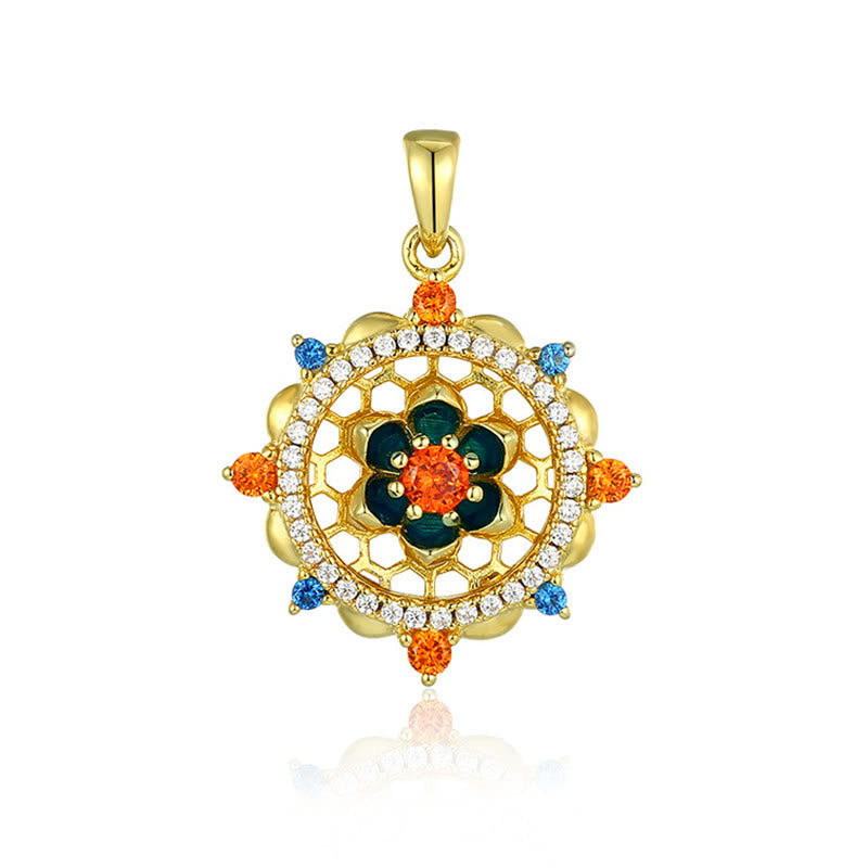 Sterling Silver Lotus Zircon Pendant front detail, orange blue zircon halo, artisan