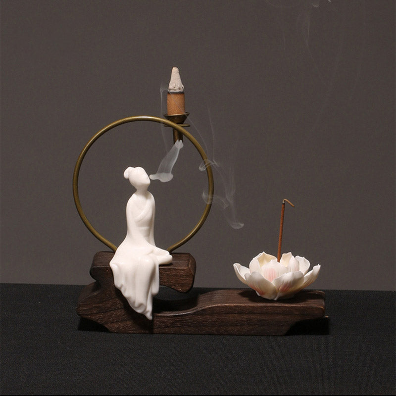 Ceramic Lotus Incense Burner – white prayer pose, smoke ribbon, lotus stick, matte, calm