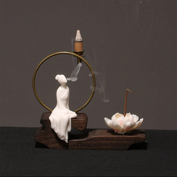 Ceramic Lotus Incense Burner – white prayer pose, smoke ribbon, lotus stick, matte, calm