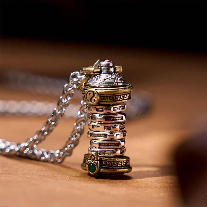 Yin Yang Tower Copper Balance Rotatable Necklace Pendant – Mixed-metal cylindrical pendant with yin-yang symbol, braided chai