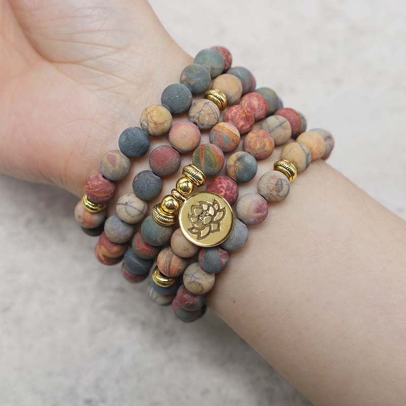 Picasso Jasper 108 Mala Bracelet - worn on wrist as triple wrap, jasper stone bracelet