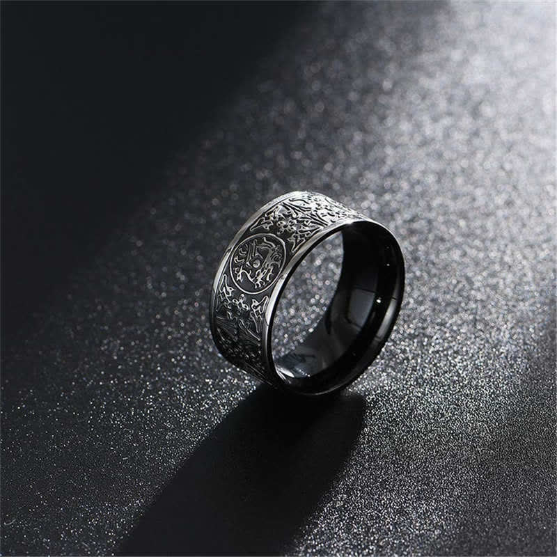 Four Guardian Beasts Ring – silver creature engraving on dark surface, Bold