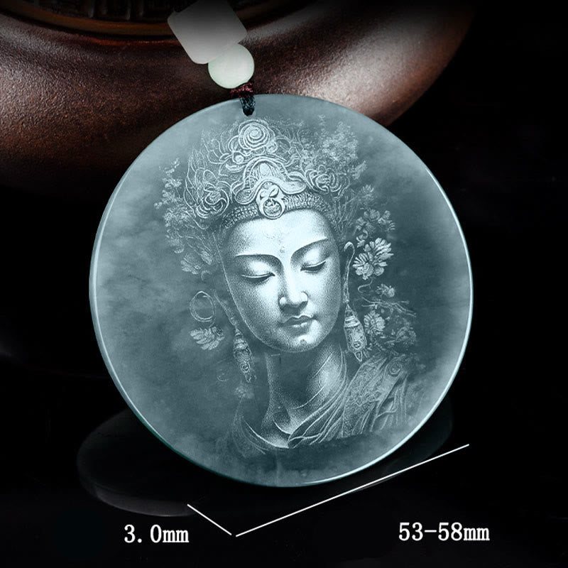 Kwan Yin Jade String Necklace – detailed front view with size annotations, Kwan Yin crown with Amitabha Buddha and chrysanthemum motifs on celadon jade, precision carving