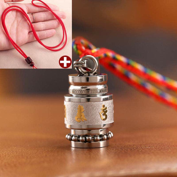 Om Mani Padme Hum Amulet – Close-up with red cord, rotating bead spinner, men's necklace