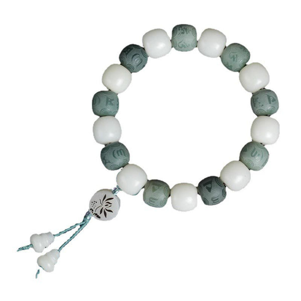 White Bodhi Seed Om Mani Padme Hum Bracelet – Clean white background showing full bead pattern, zen jewelry