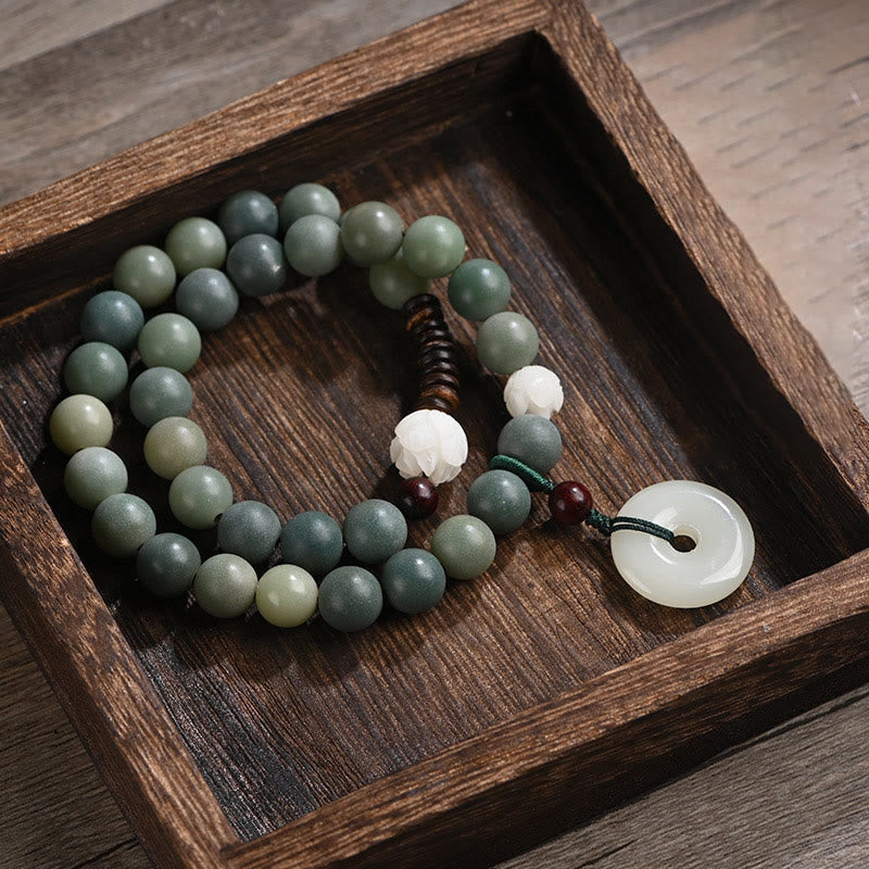 Cyan Bodhi Seed Jade Peace Buckle Bracelet - sage green bodhi seed beads with jade peace buckle in wood tray