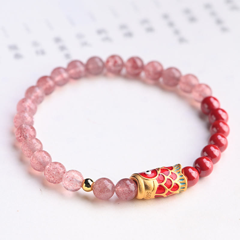 Strawberry Quartz Koi Bracelet – bracelet coiled in circle showing full bead arrangement from above